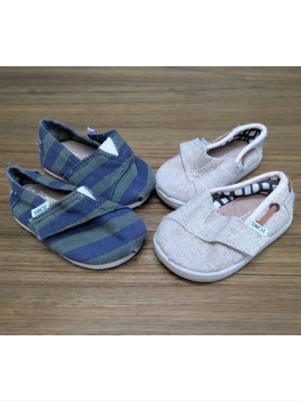 Toms 2 Pairs of Shoes - green and navy striped  & Beige Burlap Toddler Size 4